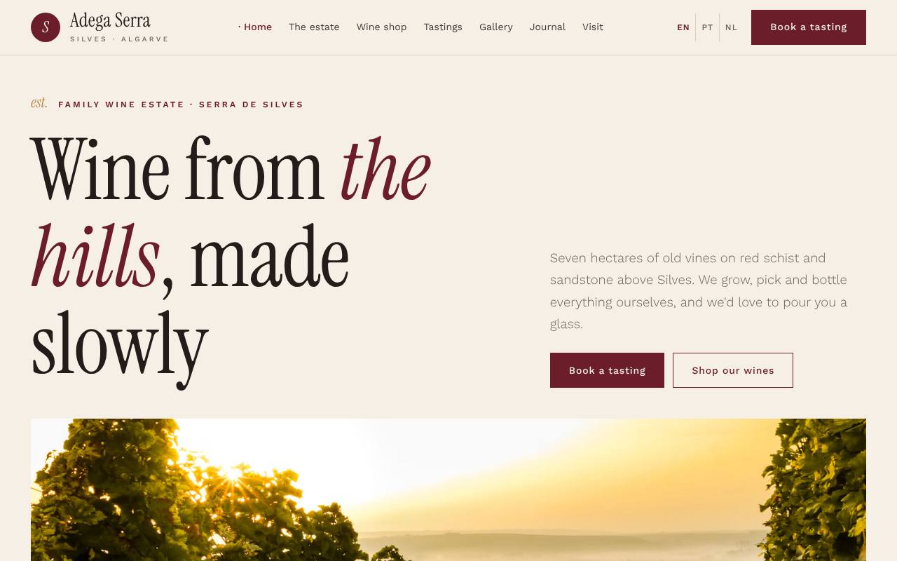 Homepage of the Adega Serra example site