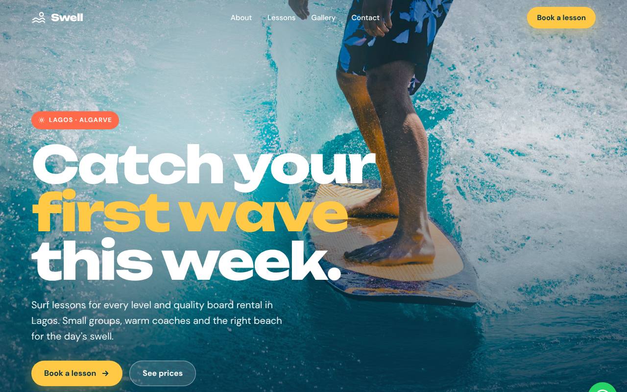 Homepage of the Swell Surf School example site