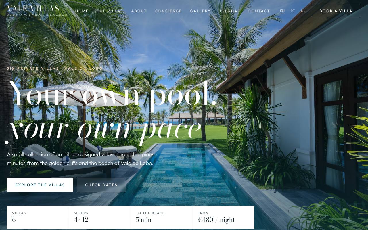 Homepage of the Vale Villas example site